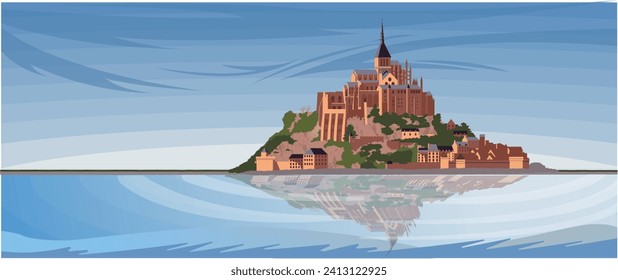 Beautiful panoramic view of landscape on famous historical Mont Saint Michel cathedral on the island. France, Europe. Handmade drawing vector. Medieval castle or fortress in the middle of the water 