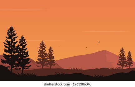 A beautiful panoramic view of the mountains at dusk with the silhouette of the surrounding pine trees. Vector illustration of a city