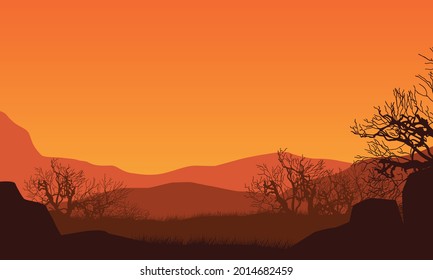 La hermosa vista panorámica de las montañas al atardecer desde el campo con la silueta de árboles secos a su alrededor. Ilustración vectorial de una ciudad