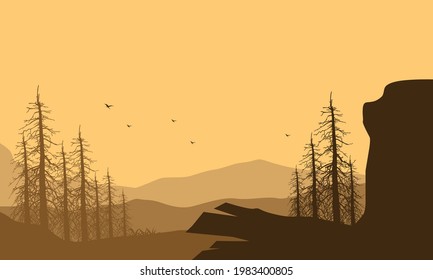 A beautiful panoramic view of the mountains from the edge of the city in the afternoon. Vector illustration of a city