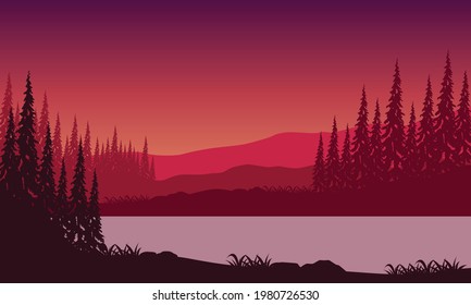 A beautiful panoramic view of the mountains from the riverbank at twilight with the silhouette of the surrounding pine trees. Vector illustration of a city