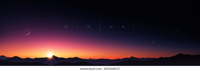 Beautiful panoramic view of sunrise or sunset in the mountains. Sun setting over the horizon. Simple idyllic romantic dramatic ambient soft blurred scenic landscape background in minimal style. Vector