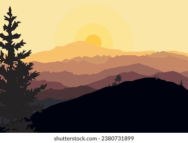 Beautiful panoramic view vector illustration. Mountains in fog with forest,house,mountain background and morning sun,landscape.
