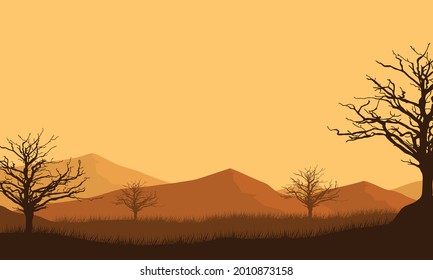 Beautiful panoramic views of the mountains at dusk in the afternoon from the edge of the city. Vector illustration of a city