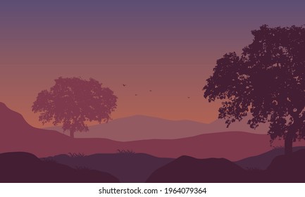 Beautiful panoramic views of the mountains from the edge of the city at dusk. Vector illustration of a city