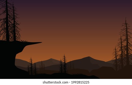 Beautiful panoramic views of the mountains at sunset with the silhouettes of the surrounding trees. Vector illustration of a city