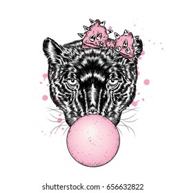 Beautiful panthers with a bow and inflated chewing gum. Vector illustration for a postcard or a poster, print for clothes.