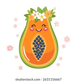 Beautiful papaya cartoon character with flower crown and floral background. Cute feminine tropical fruit design for children’s illustration