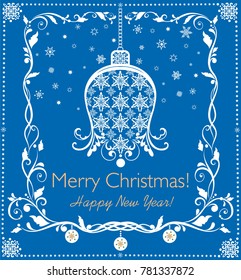 Beautiful paper blue applique for Christmas and New year greetings with hanging bell, snowflakes and decorative floral border