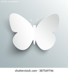 Beautiful paper butterfly on gray background. Greeting card with paper butterfly. Vector illustration.
