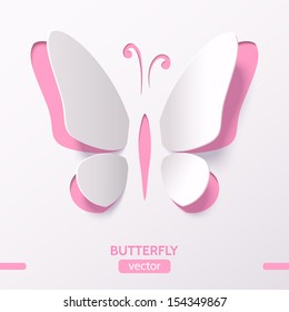 Beautiful paper butterfly on pink background. Design elements for holiday cards. Vector illustration.