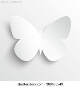 Beautiful paper butterfly on a white background. Greeting card with paper butterfly. Vector illustration.