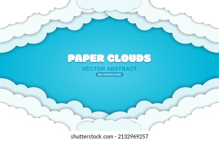 Beautiful paper cloud, white frame border on blue background, vector illustration, paper cut style, place for text