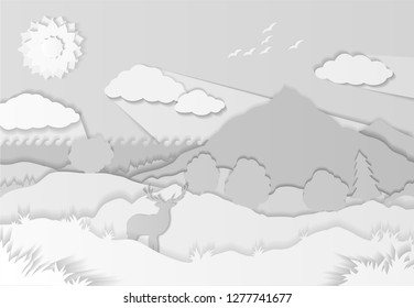 Beautiful paper cut illustration with fields mountain and deer silhouette