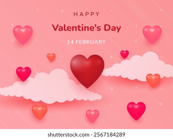 Beautiful paper cut pink clouds with pink heart shape on pink background.
3d scene design. Suitable for Valentine's Day and Mother's Day.
Happy Valentine's Day poster or voucher. Papercut style.