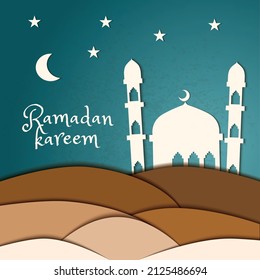 Beautiful paper cut style ramadan kareem greeting card template. Illustration of a mosque decorated with geometric shapes of the moon, stars, and desert night atmosphere on a grunge background.