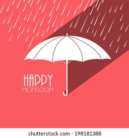 Beautiful paper design of an umbrella with raindrops falling on pink background for Happy Monsoon Season. 