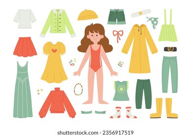 Beautiful paper doll and fashion clothes trendy look to play game for girls vector illustration. Pretty female plaything dressed in underwear with different casual garment item and accessories set