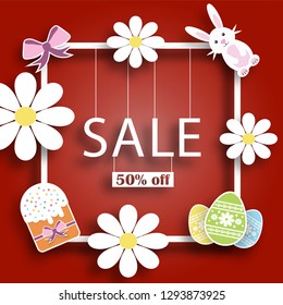 Beautiful paper Easter frame with Easter cakes, Easter eggs, Easter Bunny and flowers on red background.With the inscription sale and discount more than 50 percent's