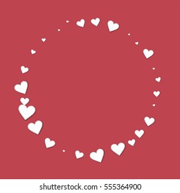 Beautiful paper hearts. Round shape with beautiful paper hearts on crimson background. Vector illustration.