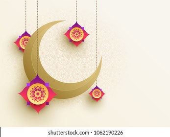 Beautiful paper moon and hanging floral design on beige background. 