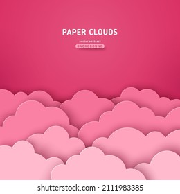 Beautiful Paper Rose Clouds On Pink Background. Vector Illustration. Papercut Art. Place For Text. Happy Valentine's Day Backdrop, Baby Girl Wallpaper. Romantic Brochure Layout Template