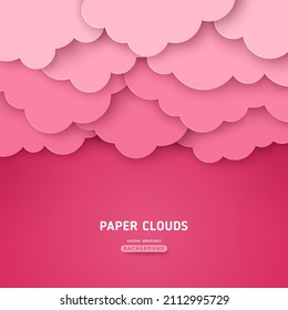 Beautiful paper rose clouds on pink background. Vector illustration. Papercut art. Place for text. Happy Valentine's day backdrop, baby girl wallpaper. Romantic brochure layout template