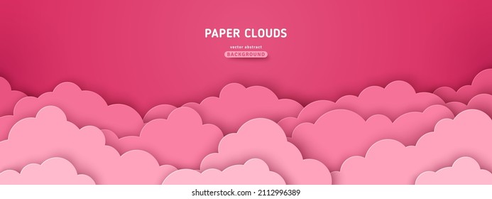 Beautiful paper rose clouds on pink backdrop. Vector illustration. Papercut art. Place for text. Happy Valentine's day background, baby girl wallpaper. Romantic sale layout template, border header