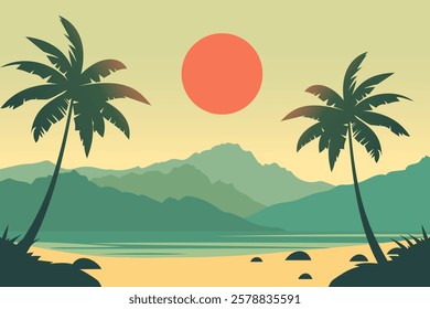 Beautiful paradise beach in vintage style. Vector illustration of a sandy beach on a tropical island with palm trees and grass overlooking the ocean and mountains. Vacation. Holidays. Gap year.