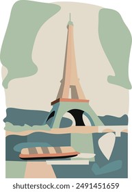 Schöne Pariser Landschaft mit Eiffelturm, Ikone einfachen minimalistischen Stil. Moderne Postkarte aus Paris, Kartenset, lebendige Farben. Turm mit einer Seine und Boot, Flussufer, romantische Stadt, originale Kunst