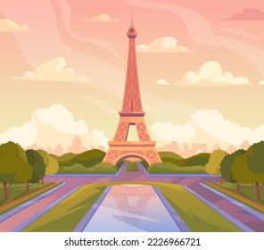 Beautiful Paris landscape. Scene with tall Eiffel Tower in capital of France. Tourism, travel or vacation. Famous romantic landmark. Design element for postcard. Cartoon flat vector illustration