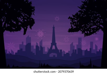 Beautiful Paris Night City Building New Year Card Vector Illustration