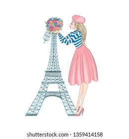 Beautiful Parisian Girl cute vector illustration. Artistic sketch of woman standing near the Eiffel tower. French style fashion. Great for french style creative projects, cards, apparel prints
