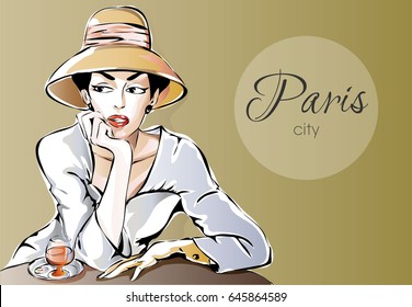 Beautiful Parisien woman sitting at street cafe with glass of wine. Dreaming girl in Paris city vector illustration background