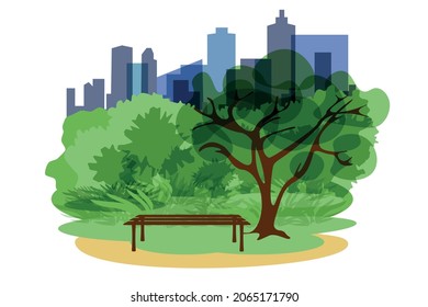 Beautiful park city bench and tree. Vector flat design. Isolated background. Tourism concept. Isolated vector illustration. Summer and Spring season.