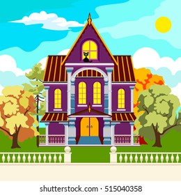 Beautiful park in the fall. Trees with red and yellow leaves. Sun and clouds. Among the trees tall house with columns. Black cat in the attic.