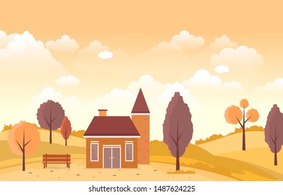 Beautiful Park Garden in Fall Autumn with Tree Sky Landscape Illustration