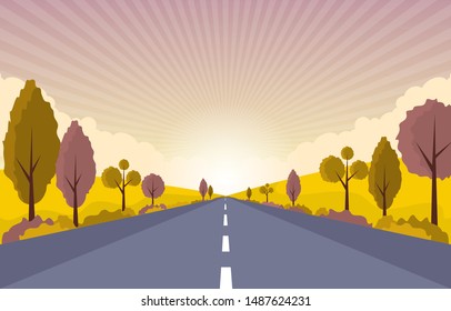 Beautiful Park Garden in Fall Autumn with Tree Sky Landscape Illustration