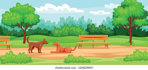 Beautiful park landscape. Dogs or puppies walk in park with benches, green trees and plants. Nature and environment. Animals play outdoor. Background for printing. Cartoon flat vector illustration