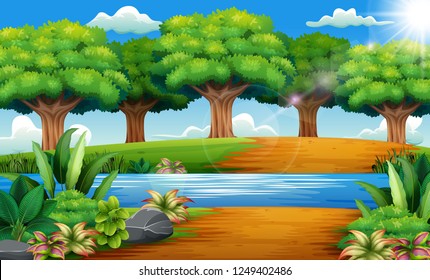 Beautiful park with rivers and green trees