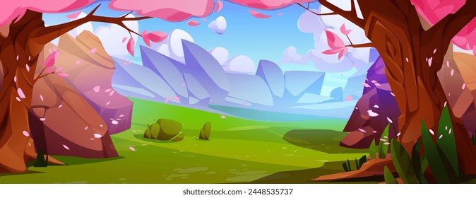 Hermoso parque con sakuras y piedras rocosas. Ilustración de dibujos animados de Vector de valle verde con cerezos viejos en flor, pétalos rosas volando en el aire, paisaje natural asiático, cielo azul soleado con nubes