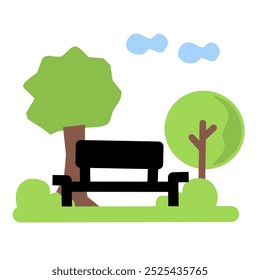 Beautiful park scene with a bench, trees, and greenery, perfect for relaxation and leisure