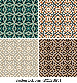 beautiful parquet seamless pattern. overlapping polygons, art shapes, stripes are grouped and arranged in a specific order. vector set of four images. 