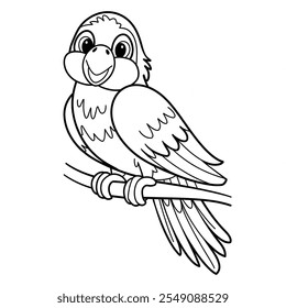 A beautiful parrot bird sit in tree brunch, colouring page