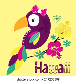 beautiful parrot with hawaii flowers vector illustration