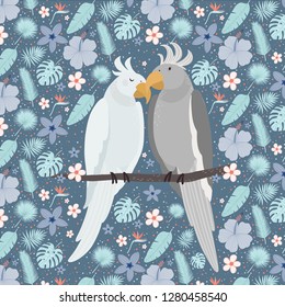 Beautiful parrots couple surrounded by flowers.  Illustration for greeting card, wedding invitation, posters.