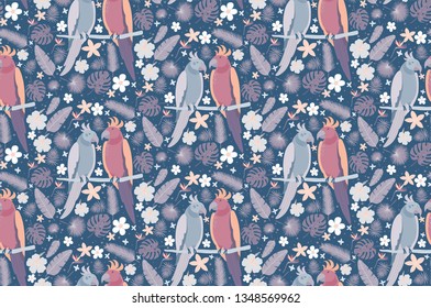 Beautiful parrots couple surrounded by flowers. Floral seamless background for fashion prints. Elegant vector texture. 