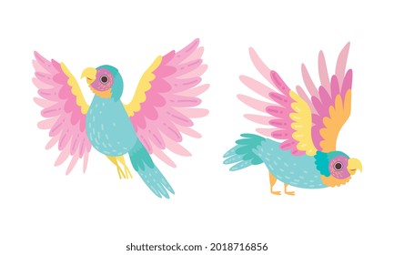 Beautiful Parrots Set, Exotic Flying Tropical Birds Cartoon Vector Illustration