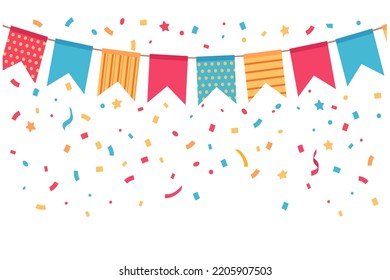 Beautiful part decorating concept with colorful pennants hanging above. Vector illustration with copy space for you text. Greeting or party invitation with carnival flags garlands.Images 