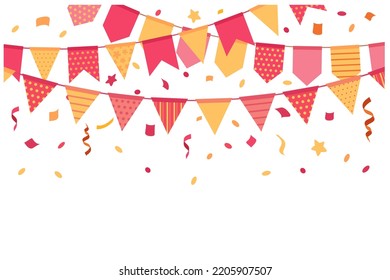 Beautiful part decorating concept with colorful pennants hanging above. Vector illustration with copy space for you text. Greeting or party invitation with carnival flags garlands.Images 